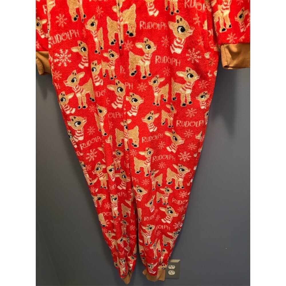 Rudolph Womens Hooded Zip One Piece Pajama Onesie Red Print Size 12-14 - Picture 7 of 11